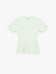 Slim Fit Bisiklet Yaka Kısa Kollu Dokulu Peplum Bluz