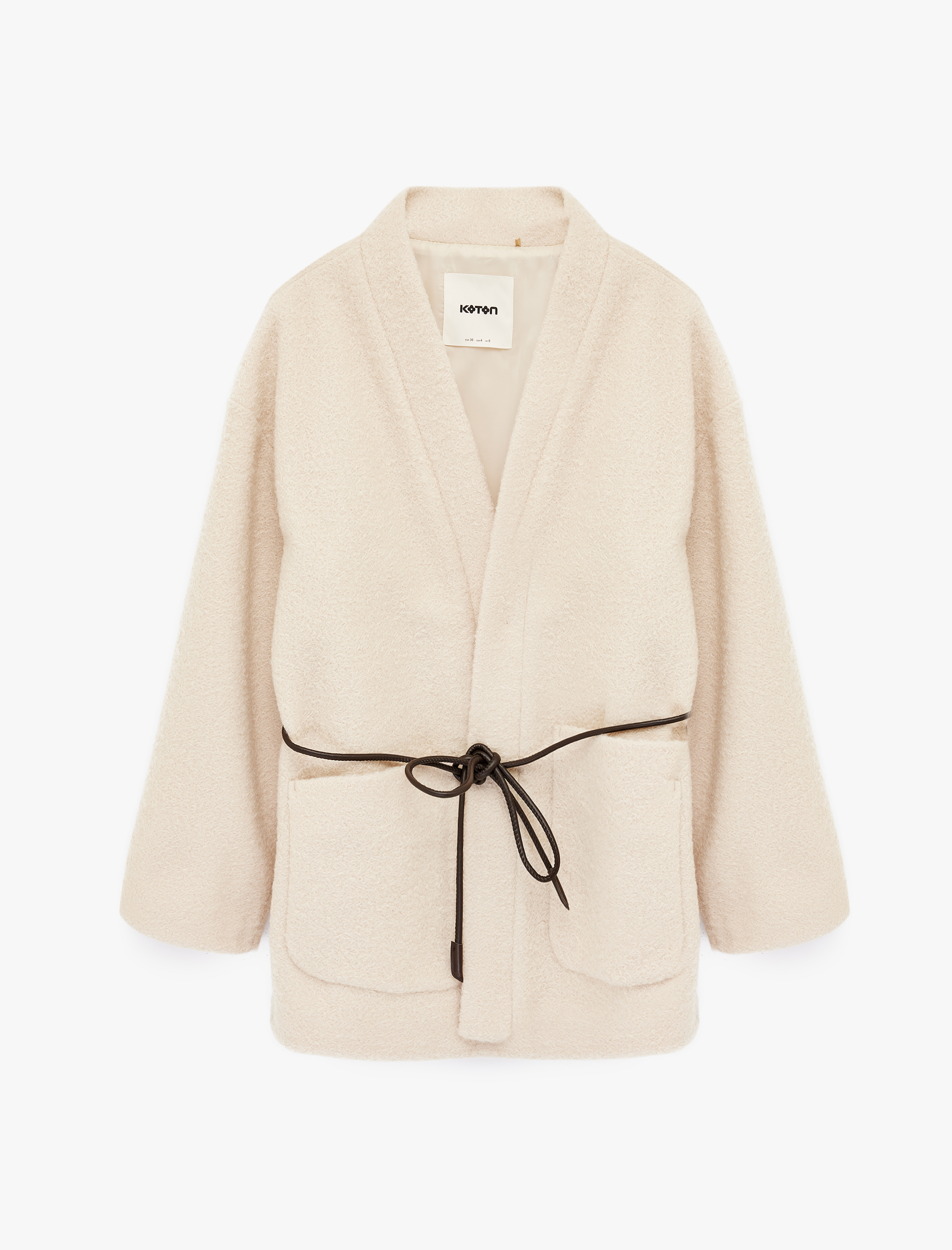   Buklet Kumaş Kemerli Cepli Kruvaze Uzun Kimono Ceket