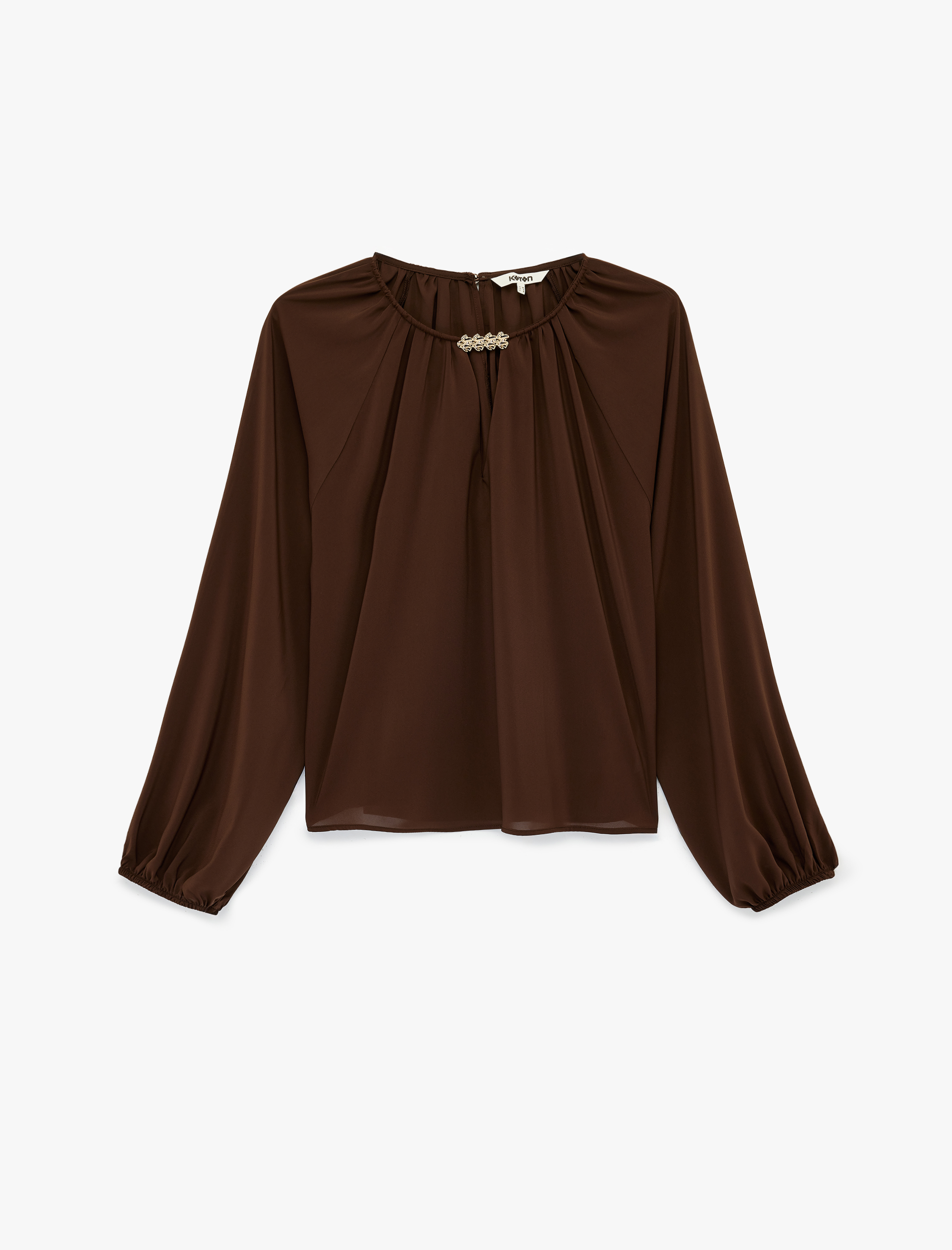   Uzun Balon Kollu Aksesuar Detaylı Şifon Bluz