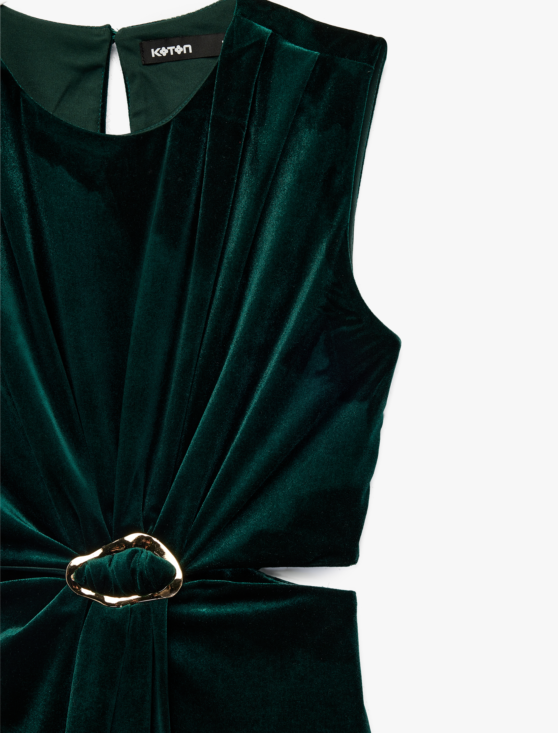   Kolsuz Bisiklet Yaka Aksesuarlı Pencere Detaylı Kadife Elbise