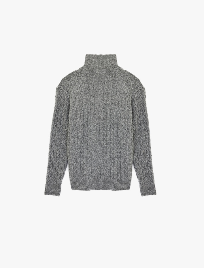  Uzun Kollu Saç Örgü Dokulu Yarım Fermuarlı Triko Kazak