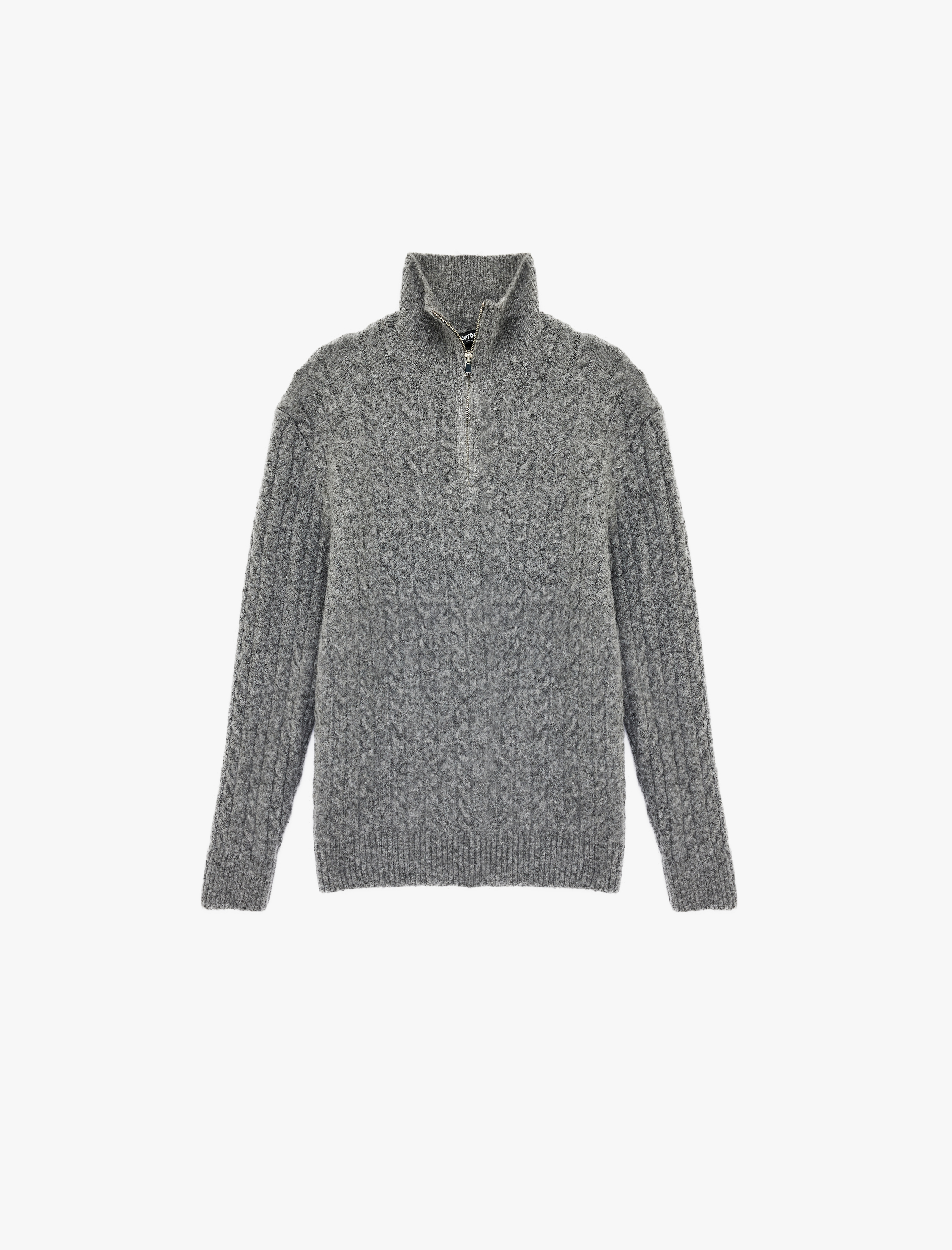   Uzun Kollu Saç Örgü Dokulu Yarım Fermuarlı Triko Kazak