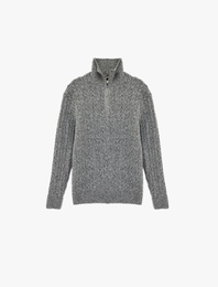 Uzun Kollu Saç Örgü Dokulu Yarım Fermuarlı Triko Kazak