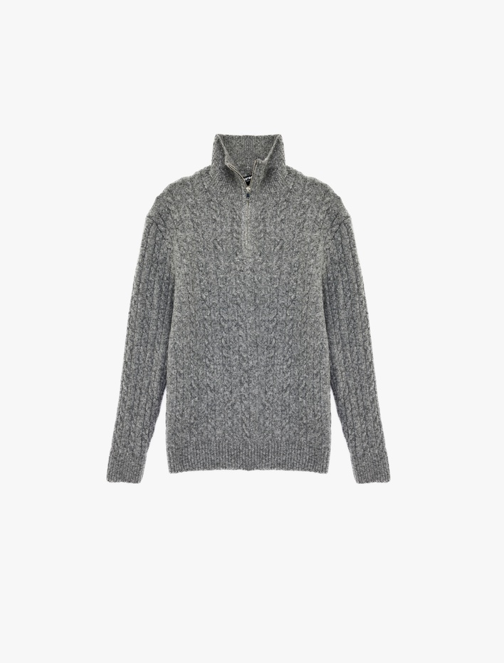  Uzun Kollu Saç Örgü Dokulu Yarım Fermuarlı Triko Kazak