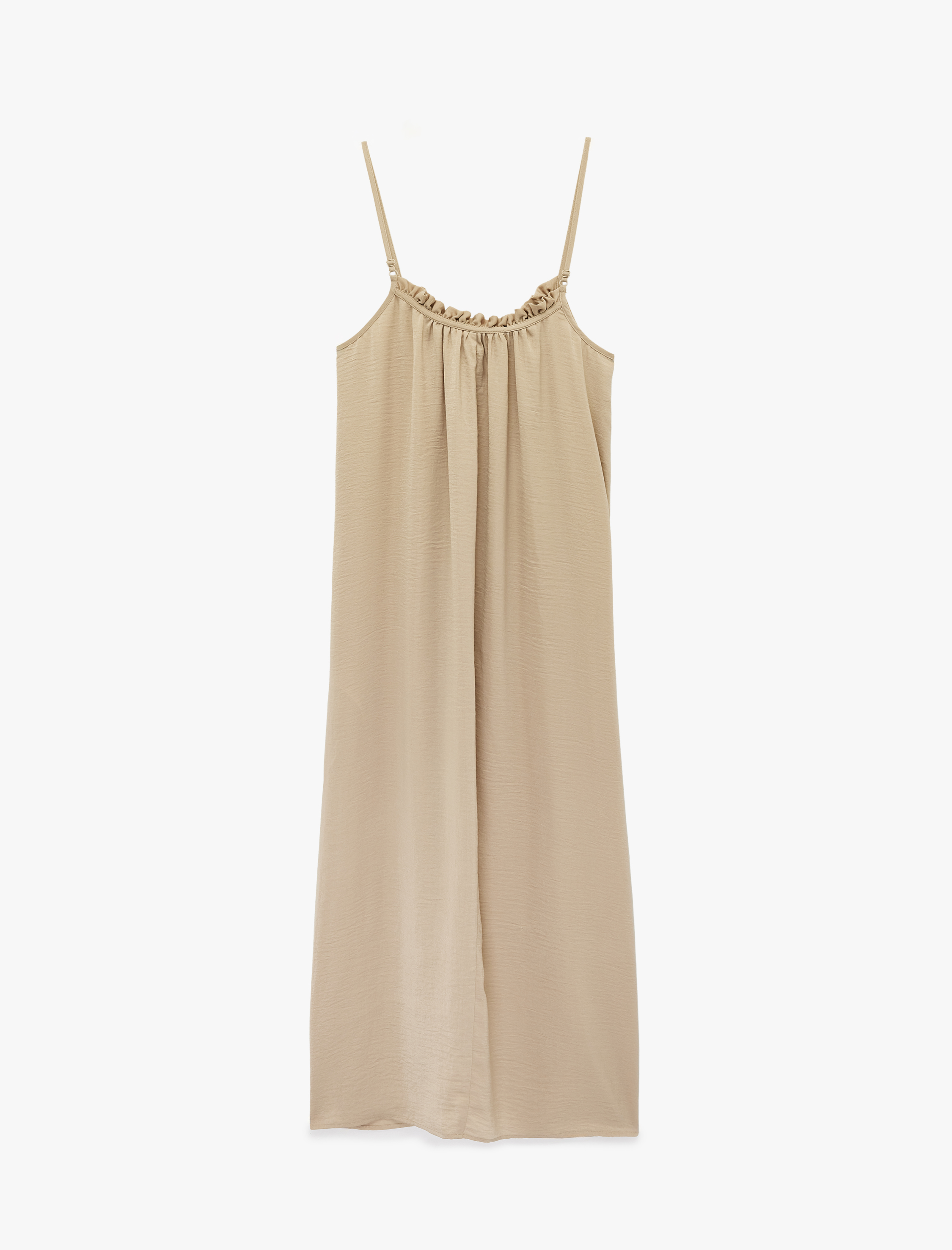   Aerobin Kumaş Yırtmaç Detaylı İnce Askılı Saten Midi Elbise