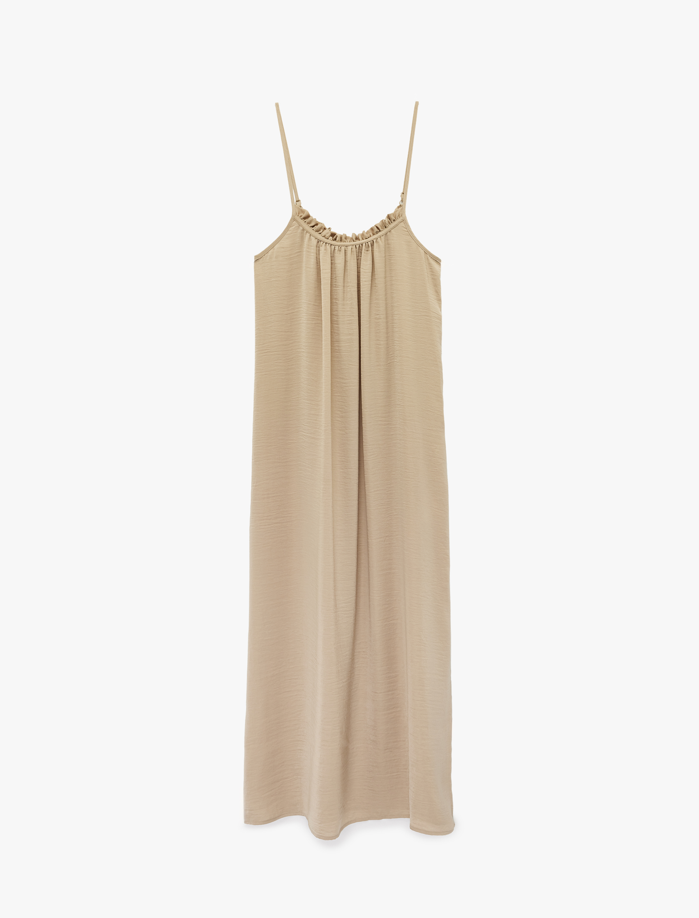   Aerobin Kumaş Yırtmaç Detaylı İnce Askılı Saten Midi Elbise