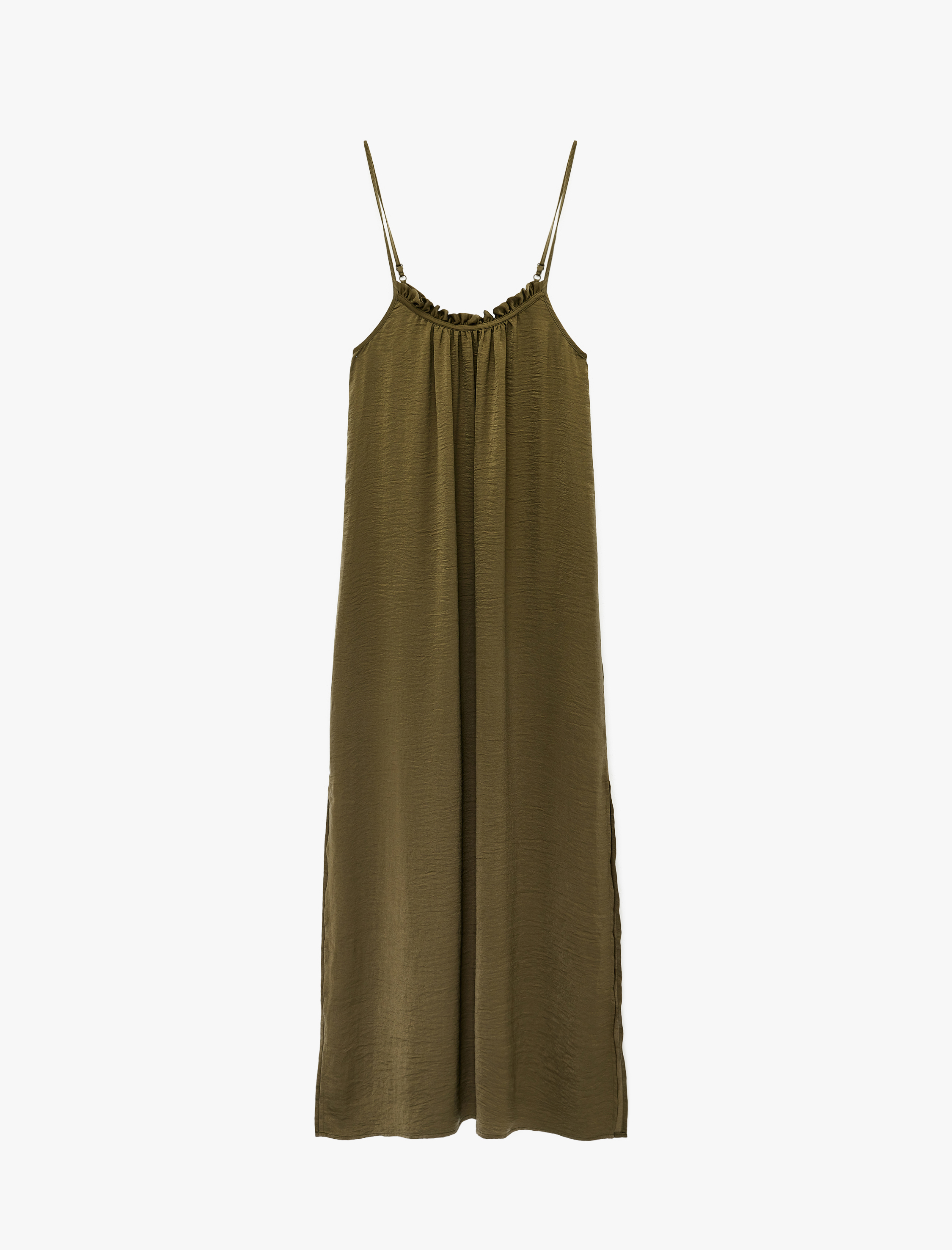   Aerobin Kumaş Yırtmaç Detaylı İnce Askılı Saten Midi Elbise