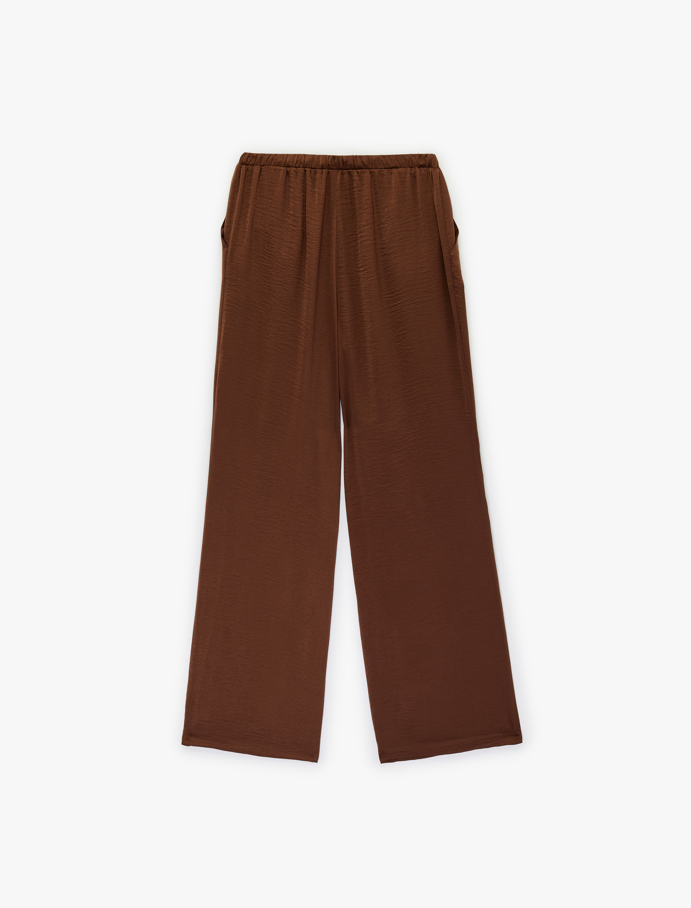 Aerobin Kumaş Beli Bağcıklı Cepli Geniş Düz Paça Saten Pantolon - Görsel 3