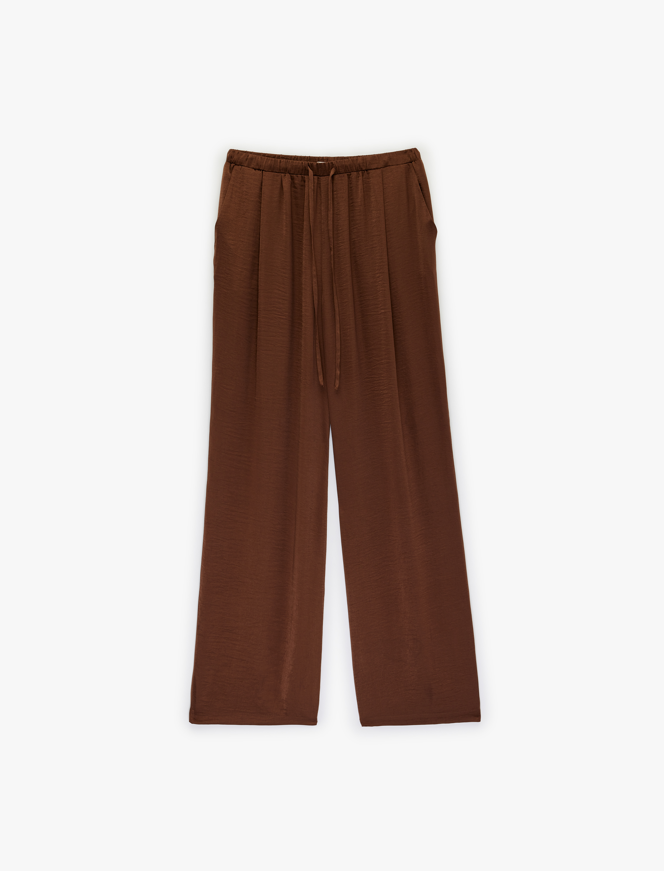 Aerobin Kumaş Beli Bağcıklı Cepli Geniş Düz Paça Saten Pantolon - Görsel 2