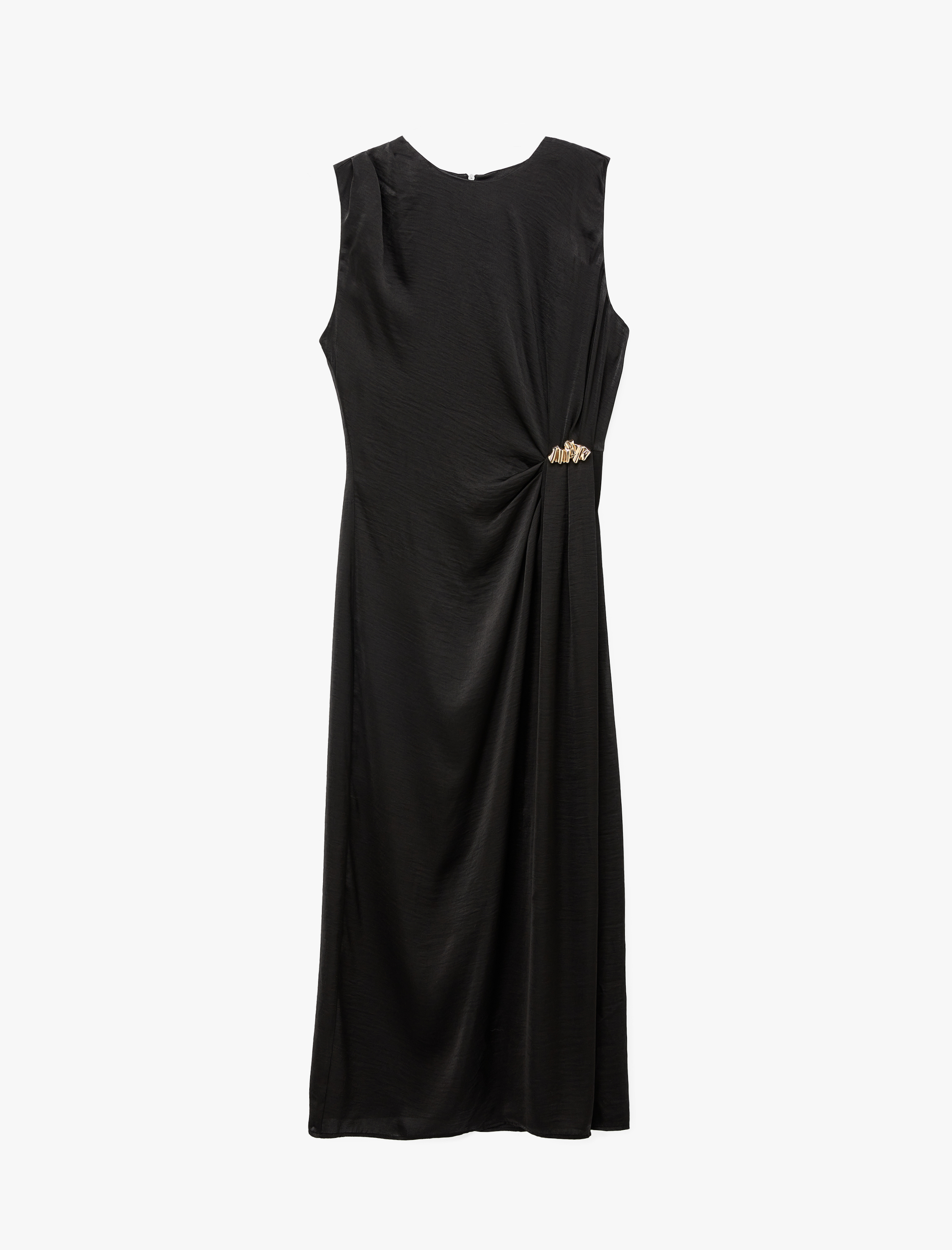   Kolsuz Bisiklet Yaka Aksesuar Detaylı Midi Boy Aerobin Saten Elbise