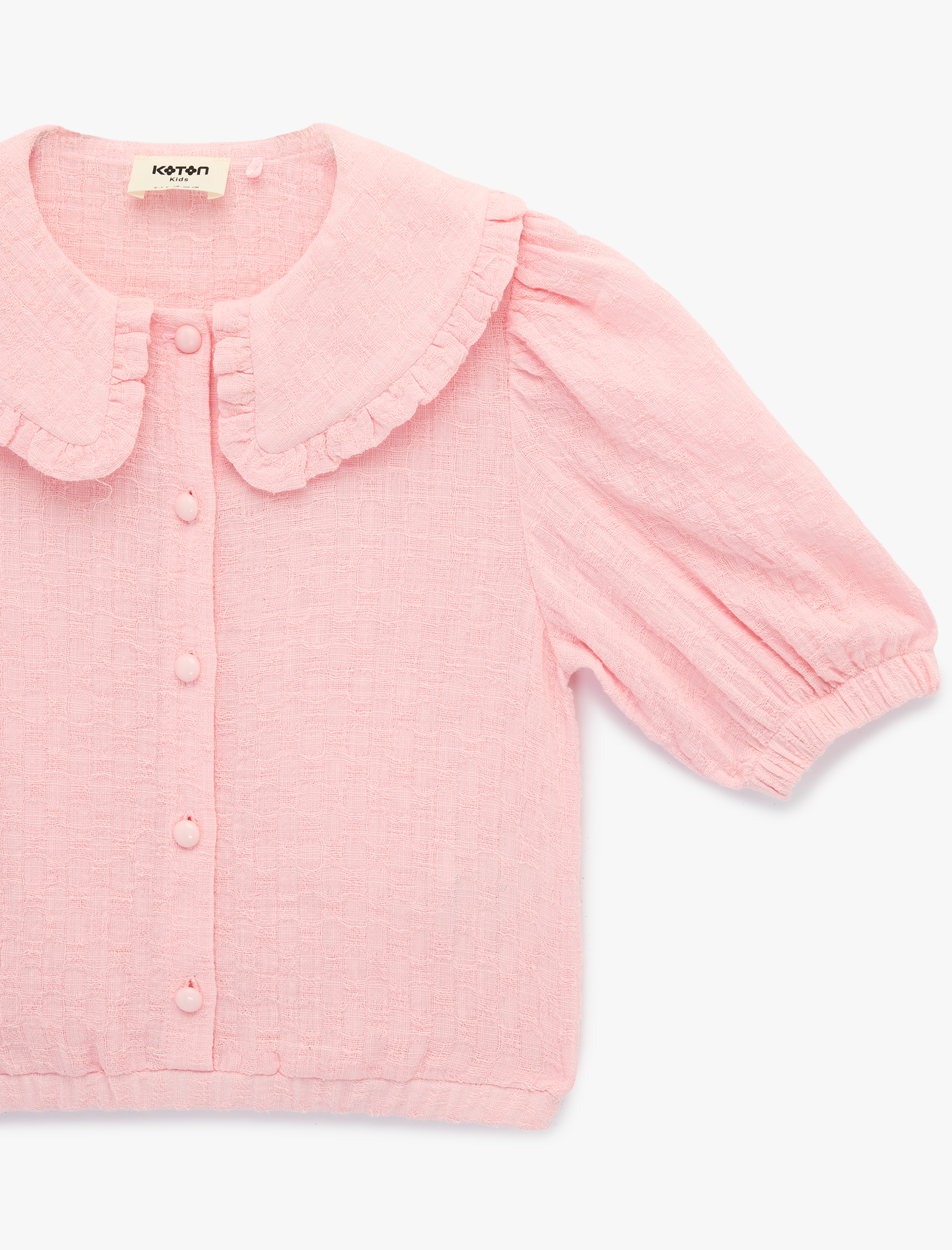  Kız Çocuk Viskon Karışımlı  Kısa Kollu Düğmeli Crop Bebe Yaka Bluz