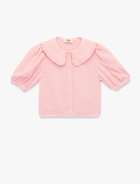 Viskon Karışımlı  Kısa Kollu Düğmeli Crop Bebe Yaka Bluz