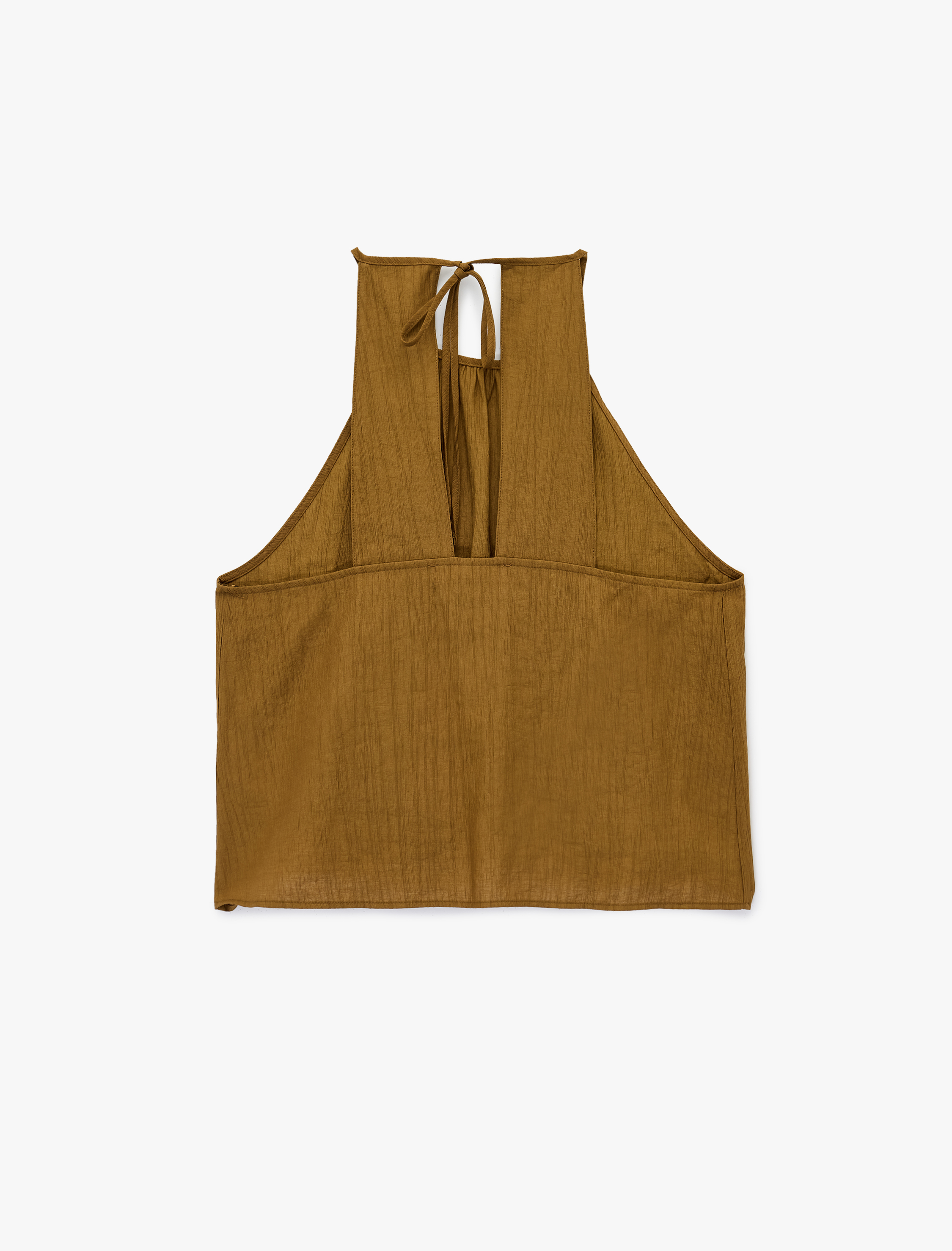   Viskon Karışımlı Kolsuz Bağlama Detaylı Dokulu Halter Yaka Bluz