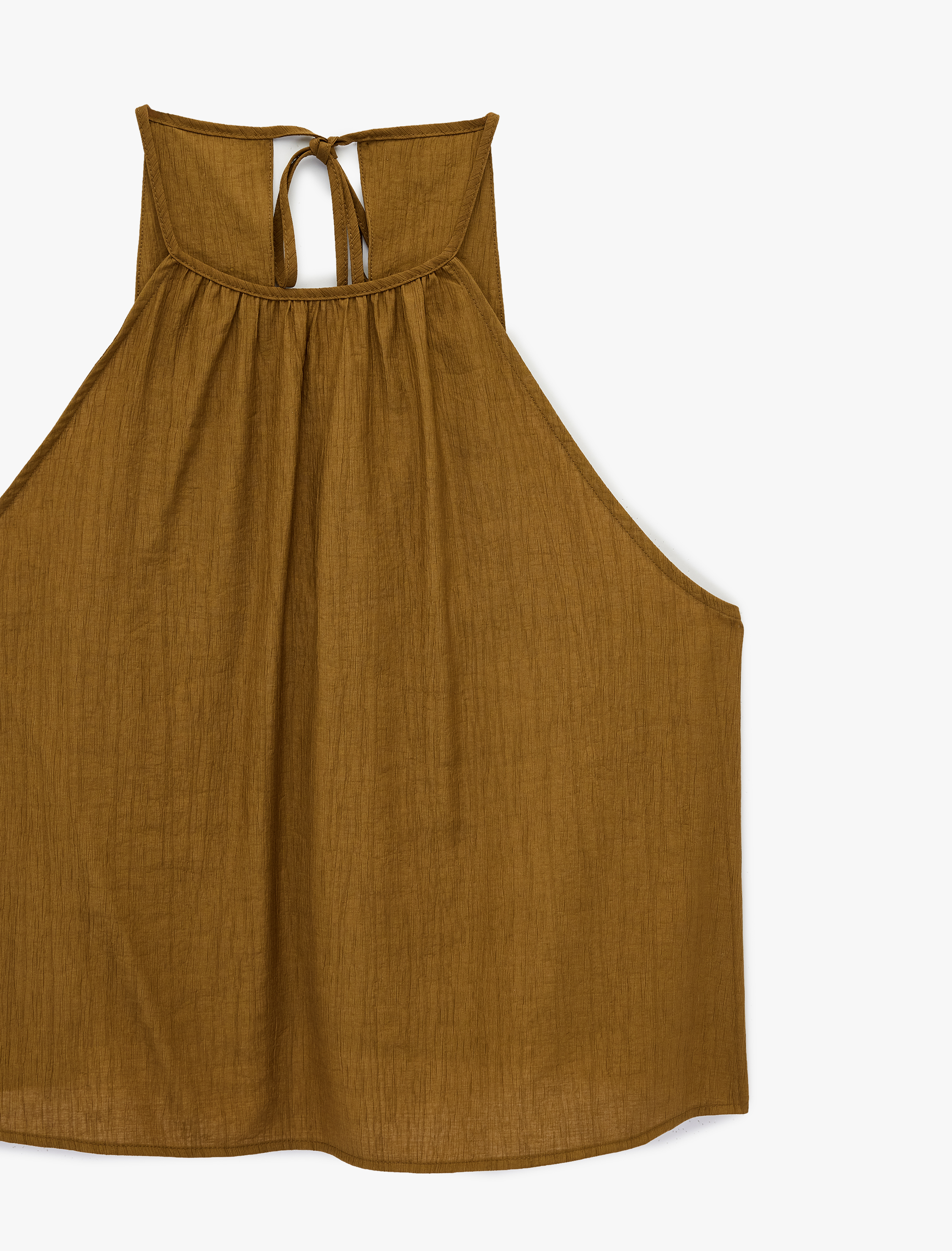   Viskon Karışımlı Kolsuz Bağlama Detaylı Dokulu Halter Yaka Bluz