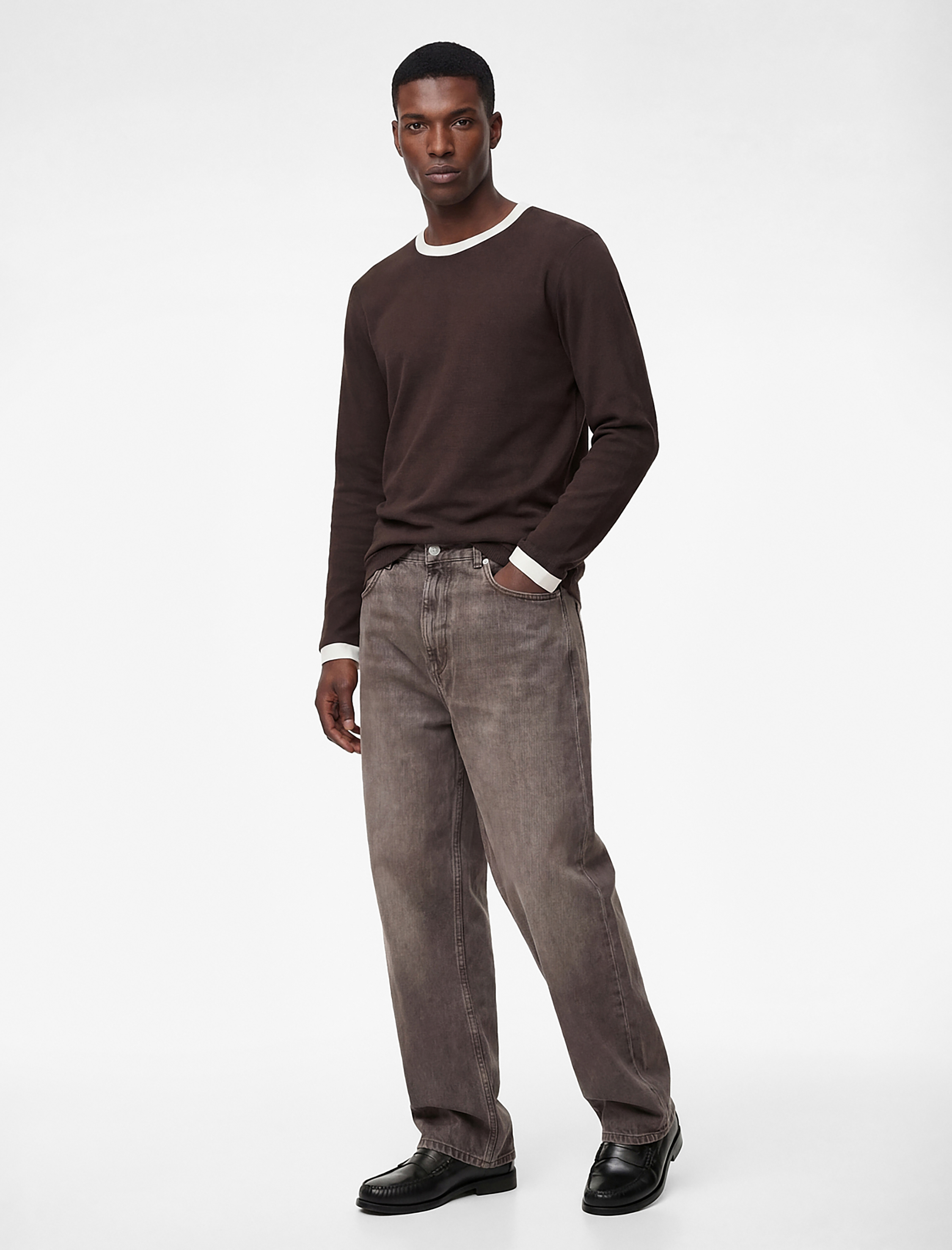   Regular Fit Ribanalı Renk Kontrastlı Pamuklu Bisiklet Yaka Uzun Kollu Tişört