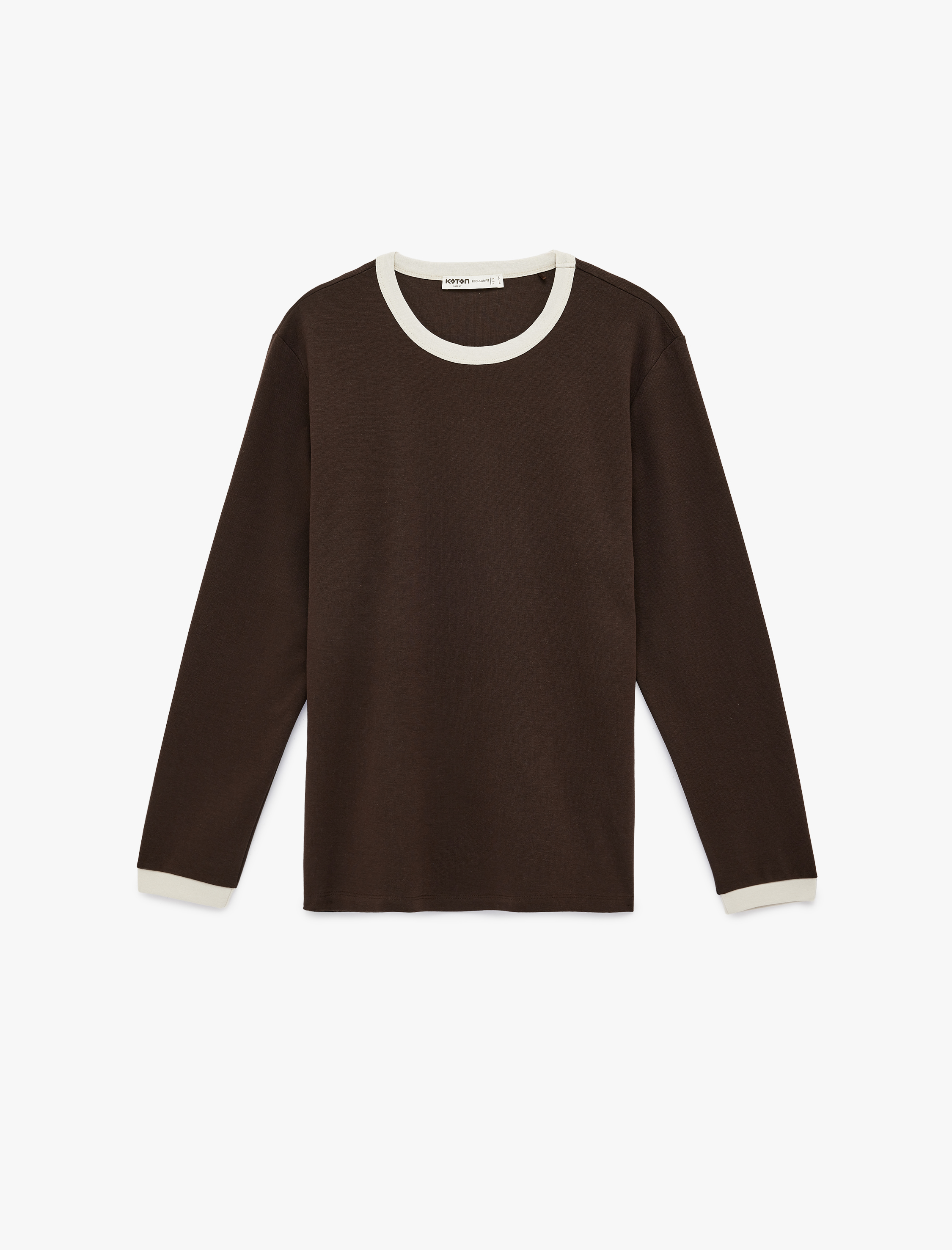   Regular Fit Ribanalı Renk Kontrastlı Pamuklu Bisiklet Yaka Uzun Kollu Tişört