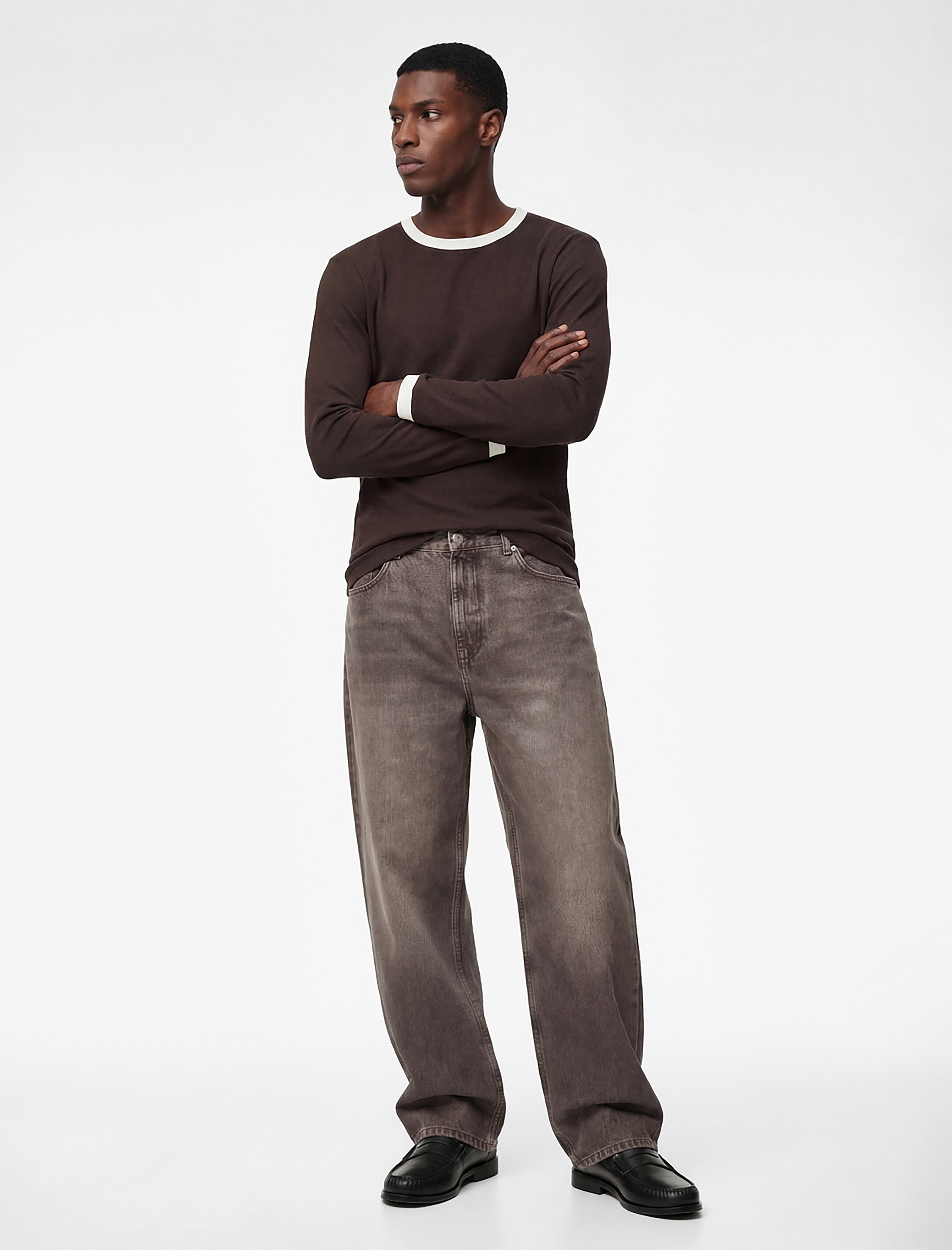   Regular Fit Ribanalı Renk Kontrastlı Pamuklu Bisiklet Yaka Uzun Kollu Tişört