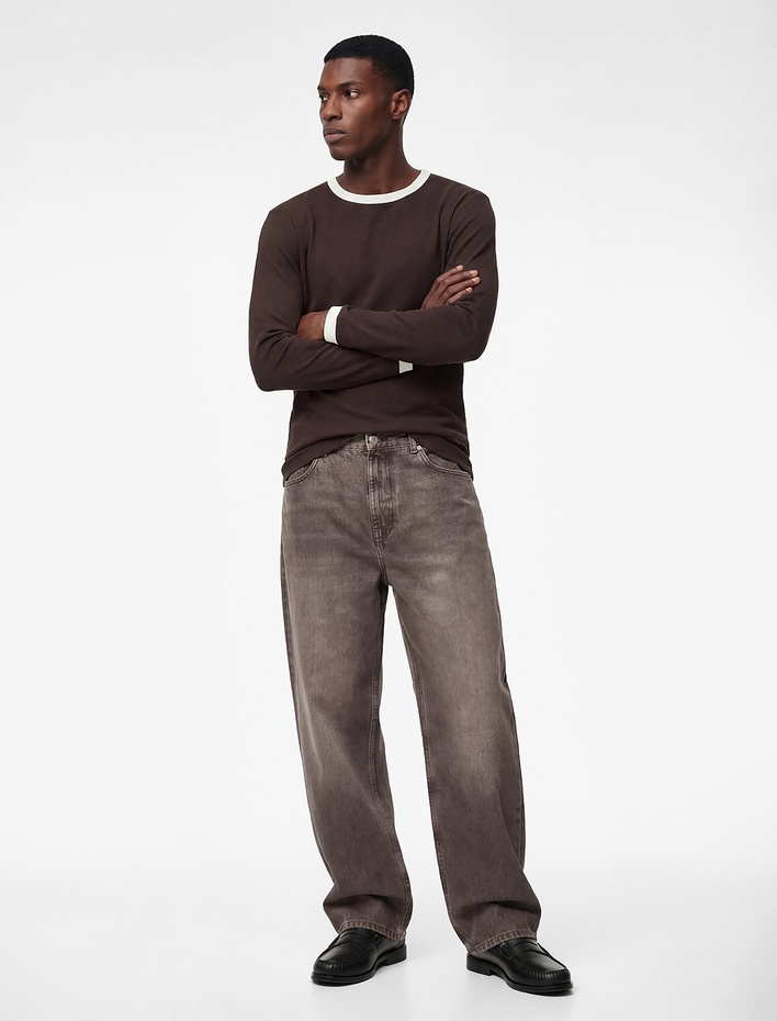  Regular Fit Ribanalı Renk Kontrastlı Pamuklu Bisiklet Yaka Uzun Kollu Tişört