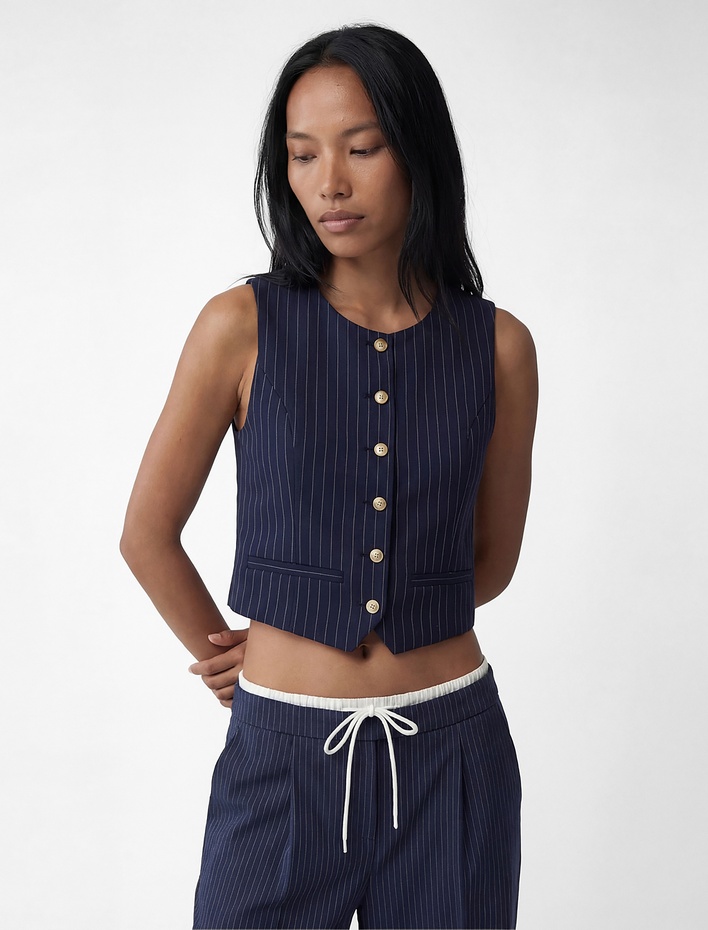  Slim Fit Bisiklet Yaka Düğmeli Çizgili Yelek