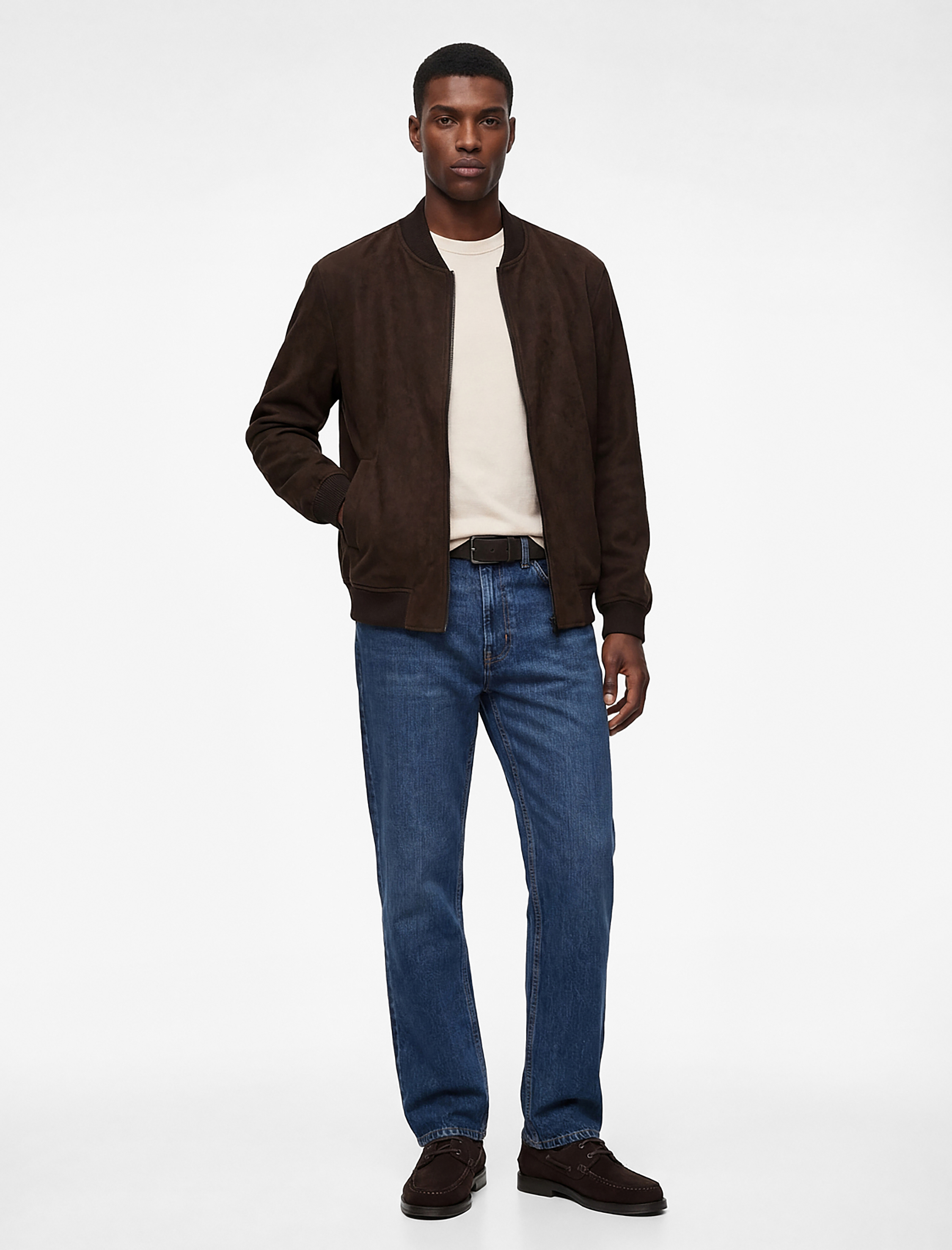   Regular Fit Uzun Kollu Cepli Kolej Yaka Fermuarlı Suni Süet Bomber Ceket