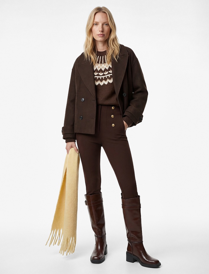  Cepli Yüksek Bel Düğme Detaylı Slim Fit Düz Paça Kumaş Pantolon