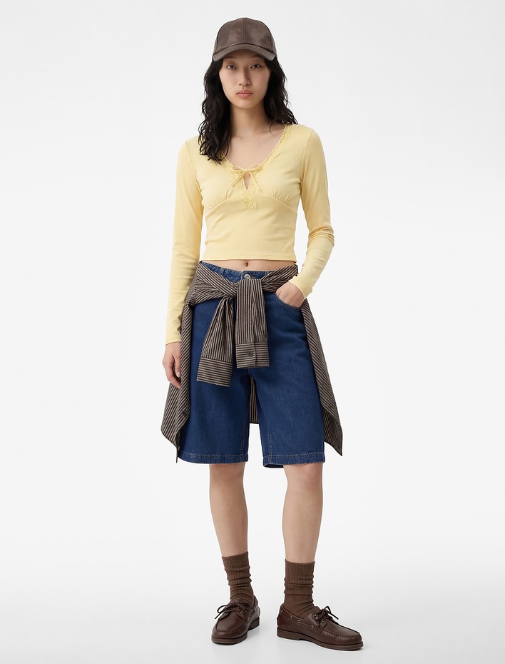  Dantel Detaylı Bağlamalı V Yaka Slim Fit Pamuklu Uzun Kollu Tişört