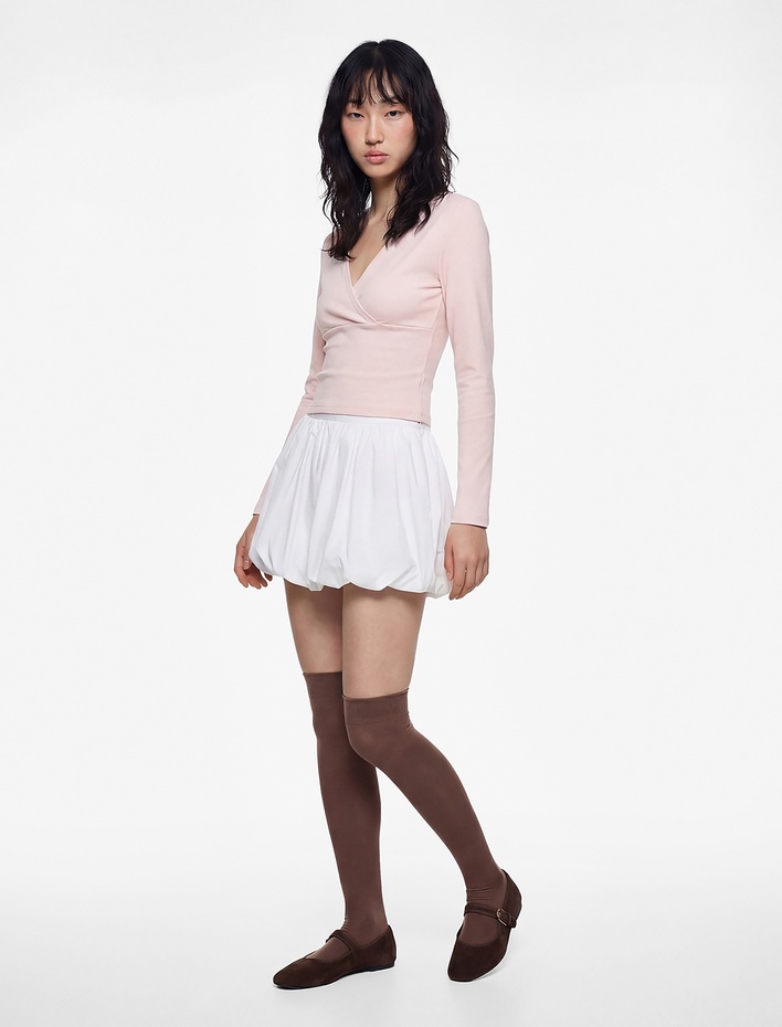  Kruvaze Yaka Pamuklu Slim Fit Uzun Kollu Tişört