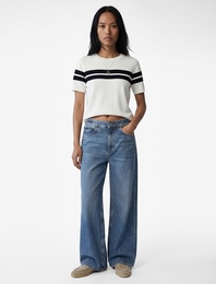 Kısa Kollu Bisiklet Yaka Çizgili Triko Kazak