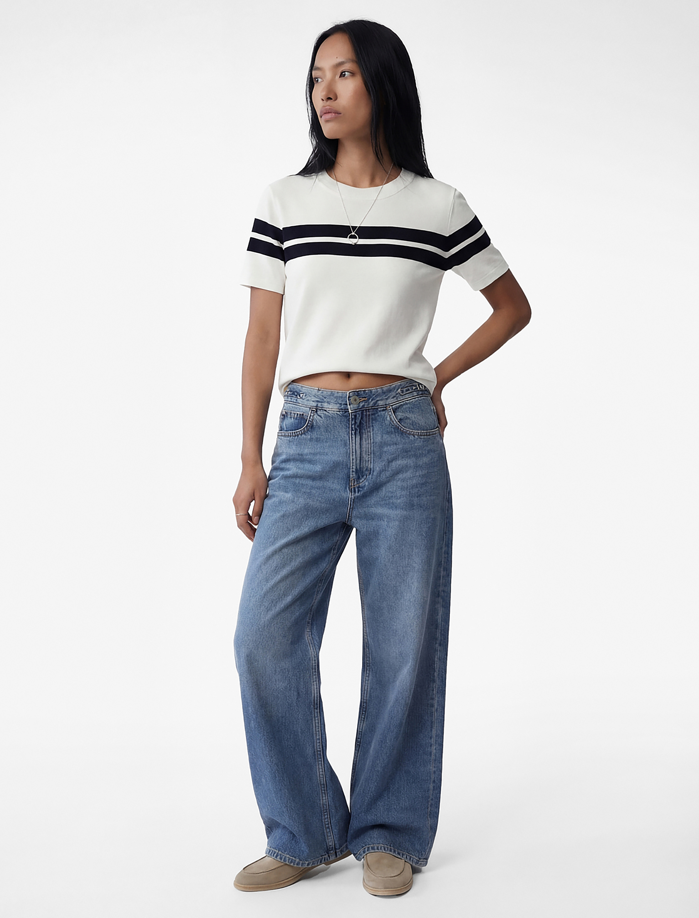   Kısa Kollu Bisiklet Yaka Çizgili Triko Kazak