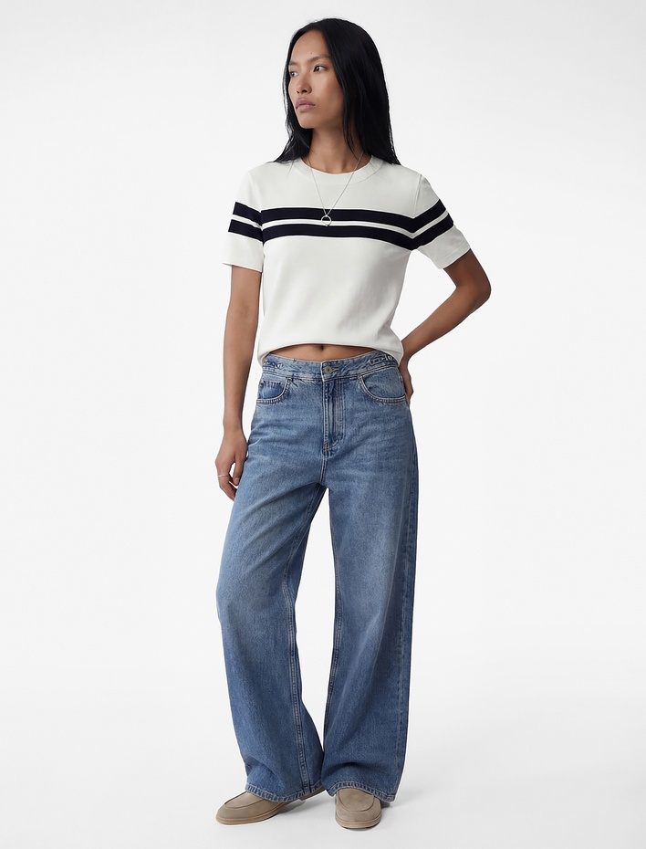  Kısa Kollu Bisiklet Yaka Çizgili Triko Kazak