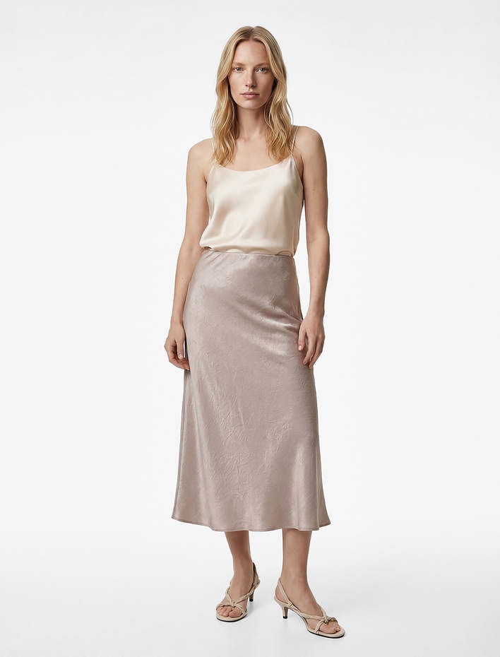  Balık Kesim Slim Fit Midi Boy Dokulu Saten Etek