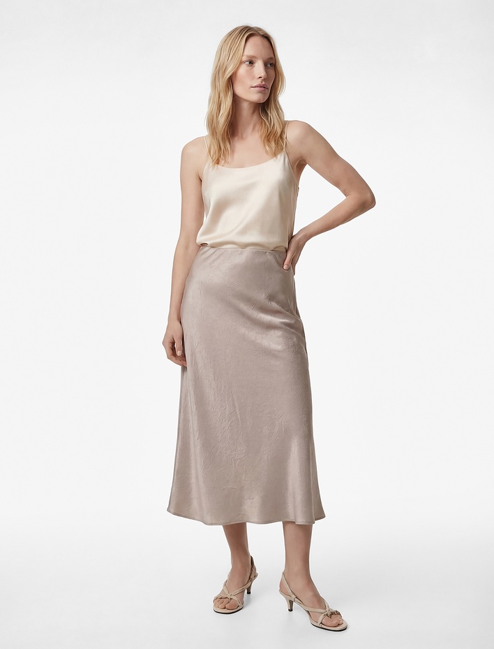  Balık Kesim Slim Fit Midi Boy Dokulu Saten Etek