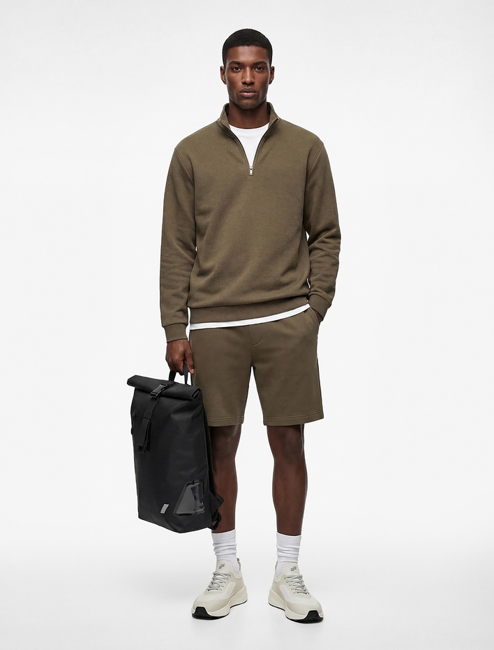  Pamuklu Uzun Kollu Oversize Dik Yaka Yarım Fermuarlı Sweatshirt