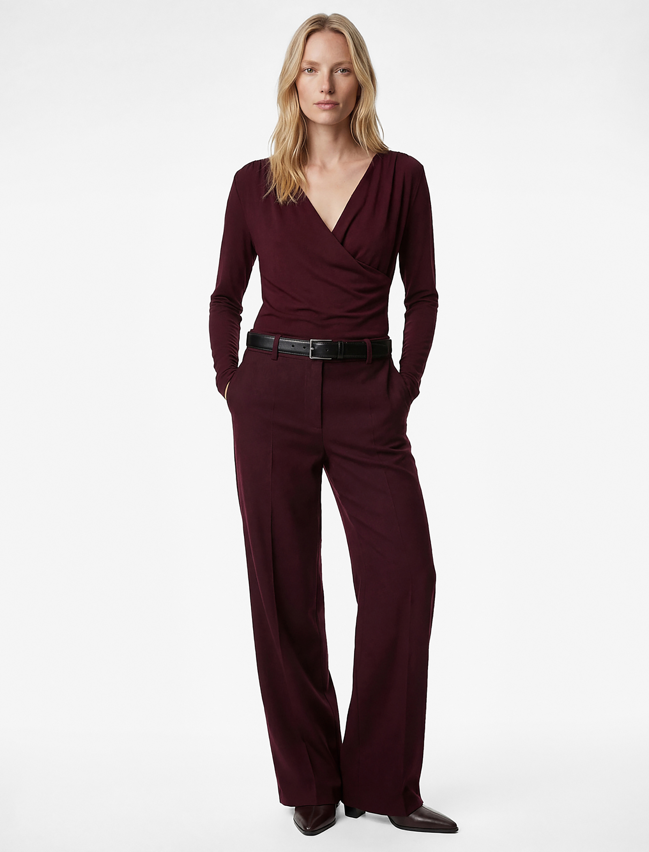   Modal Kumaş Slim Fit Uzun Kollu Kruvaze Degaje Yaka Bluz