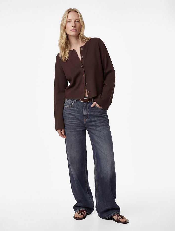  Uzun Kollu Düğmeli Bisiklet Yaka Triko Hırka