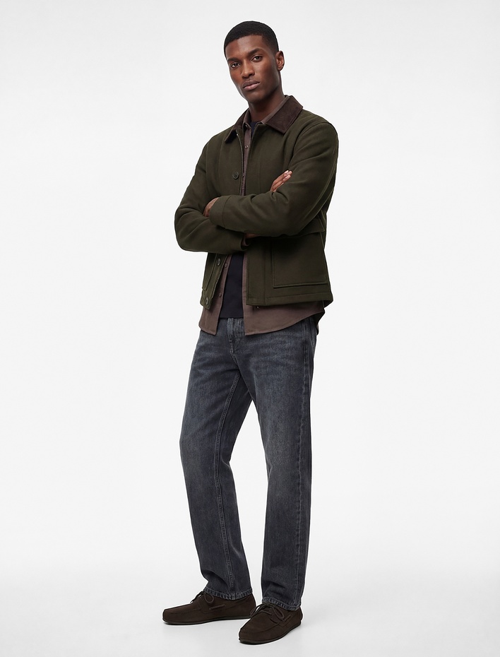  Regular Fit Uzun Kollu Kapaklı Cepli Kadife Gömlek Yaka Kaşe Ceket