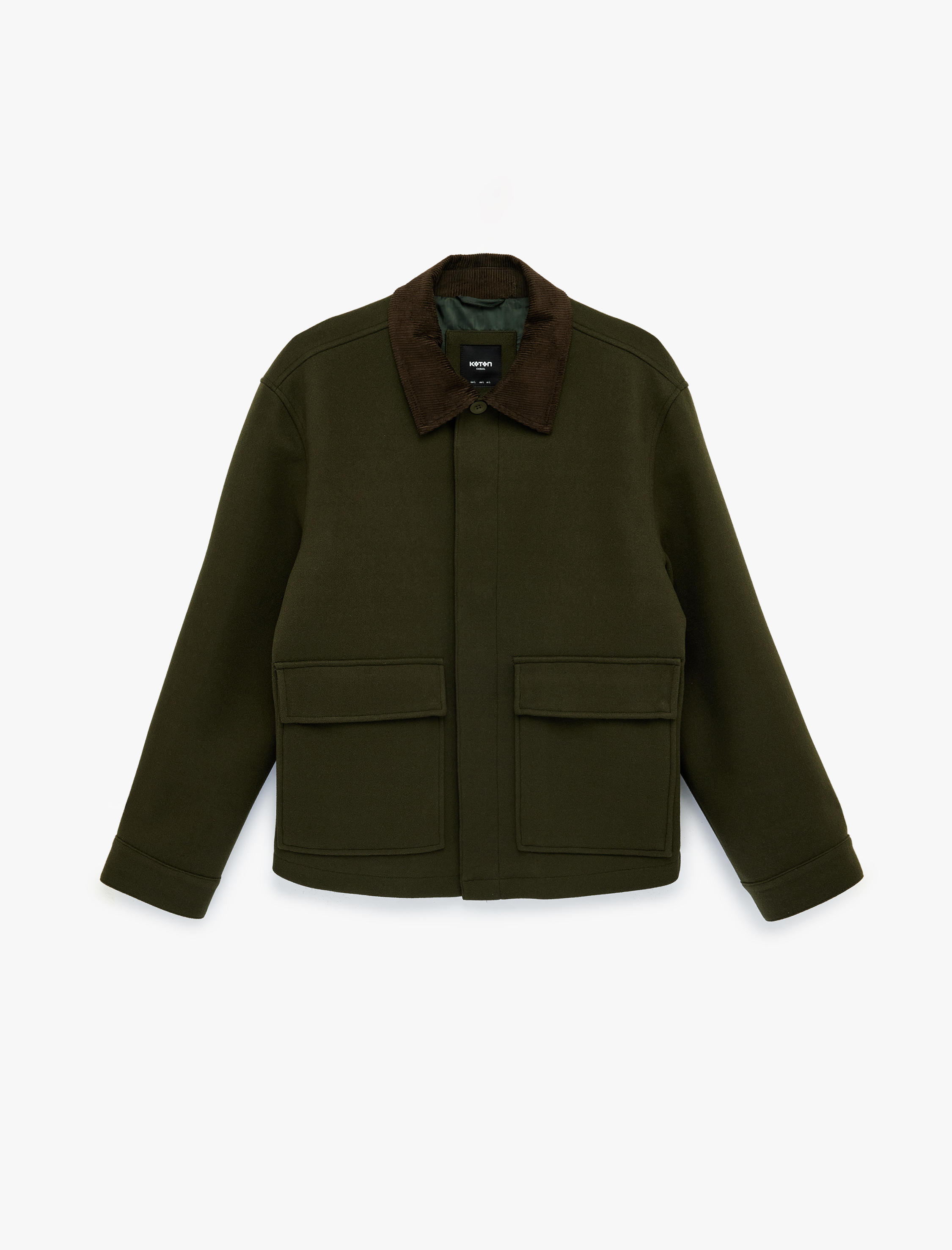   Regular Fit Uzun Kollu Kapaklı Cepli Kadife Gömlek Yaka Kaşe Ceket