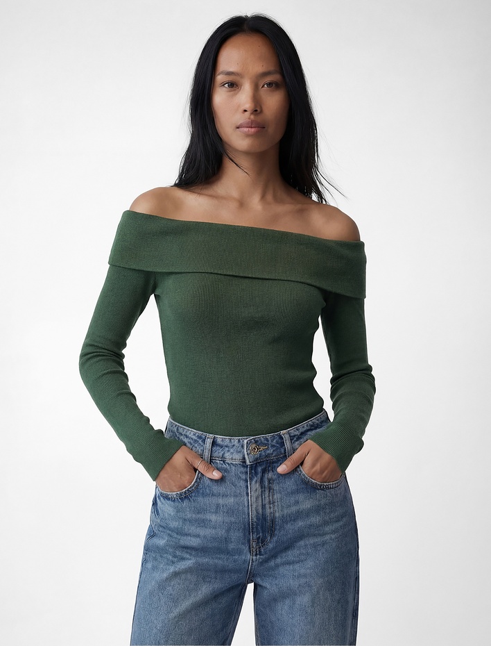  Kaşkorse Slim Fit Uzun Kollu Açık Omuz Tişört