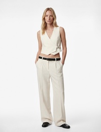 Cep Detaylı Viskon Karışımlı Yüksek Bel Çizgili Palazzo Pantolon