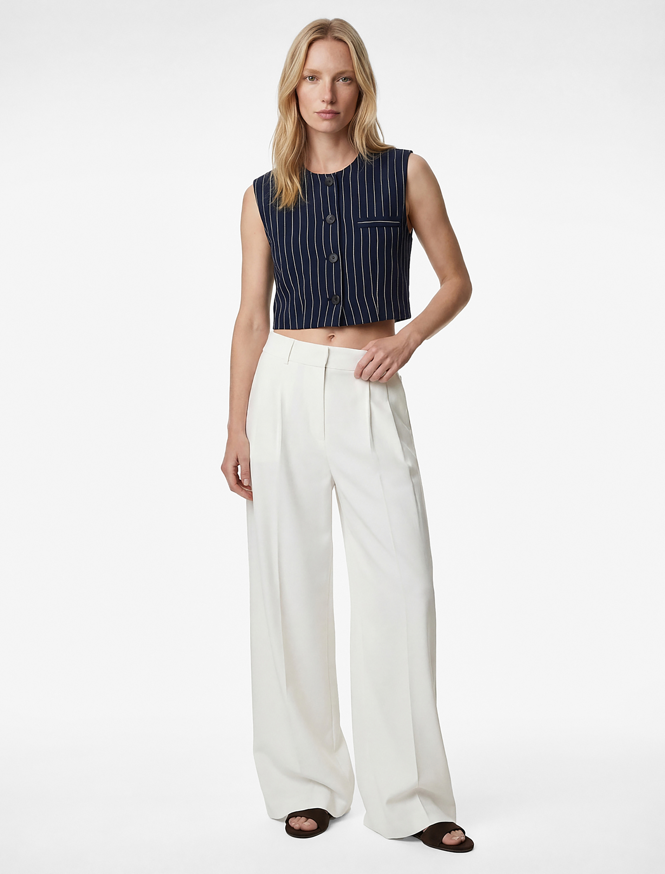   Düğmeli Bisiklet Yaka Çizgili Crop Blazer Yelek