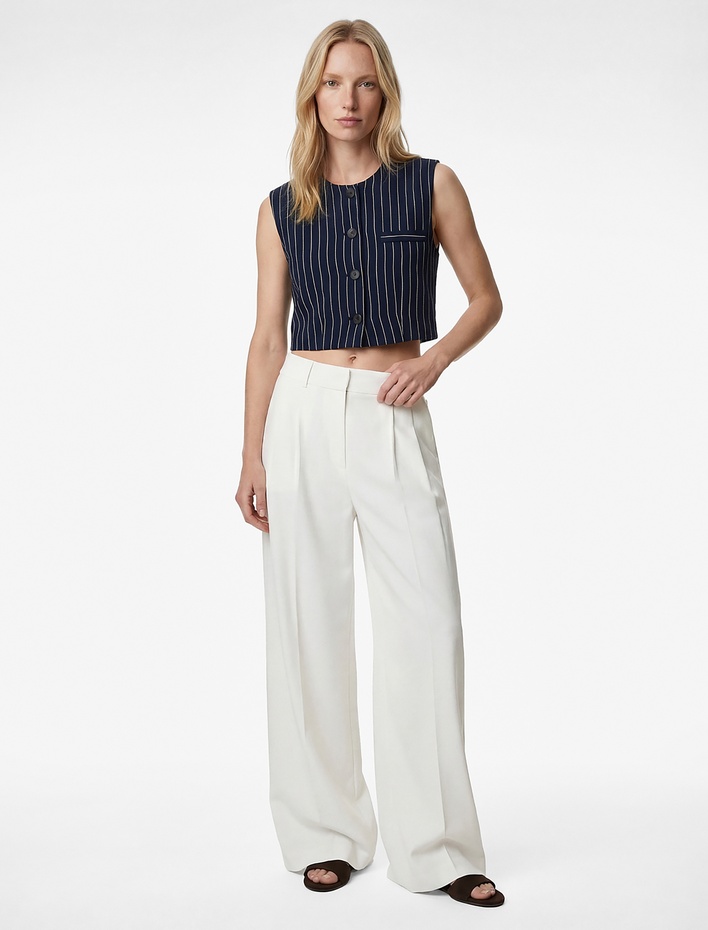  Düğmeli Bisiklet Yaka Çizgili Crop Blazer Yelek