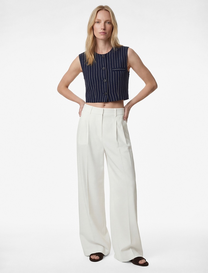  Düğmeli Bisiklet Yaka Çizgili Crop Blazer Yelek