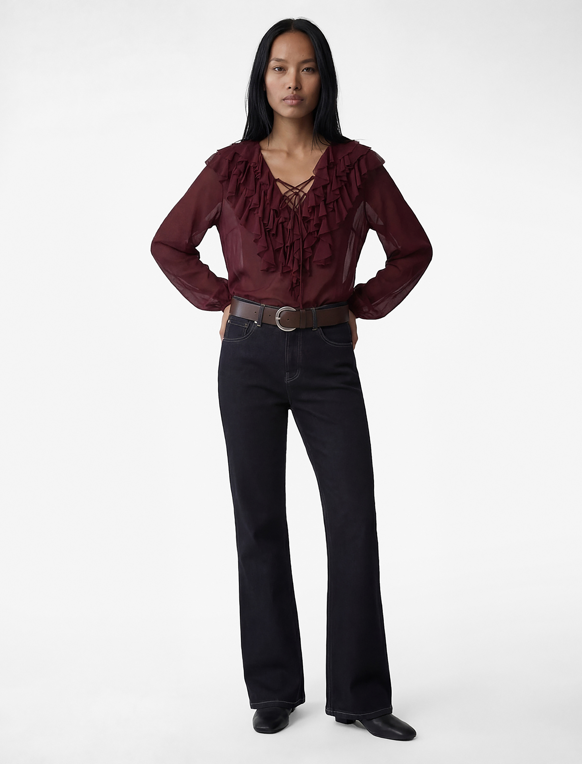   Uzun Kollu V Yaka Fırfırlı Şifon Bluz