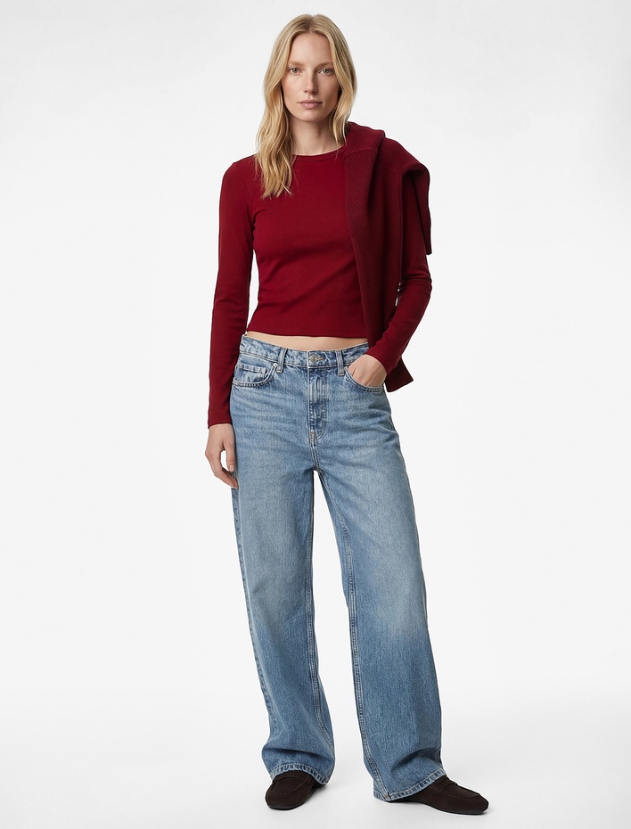  Viskon Slim Fit Uzun Kollu Bisiklet Yaka Tişört