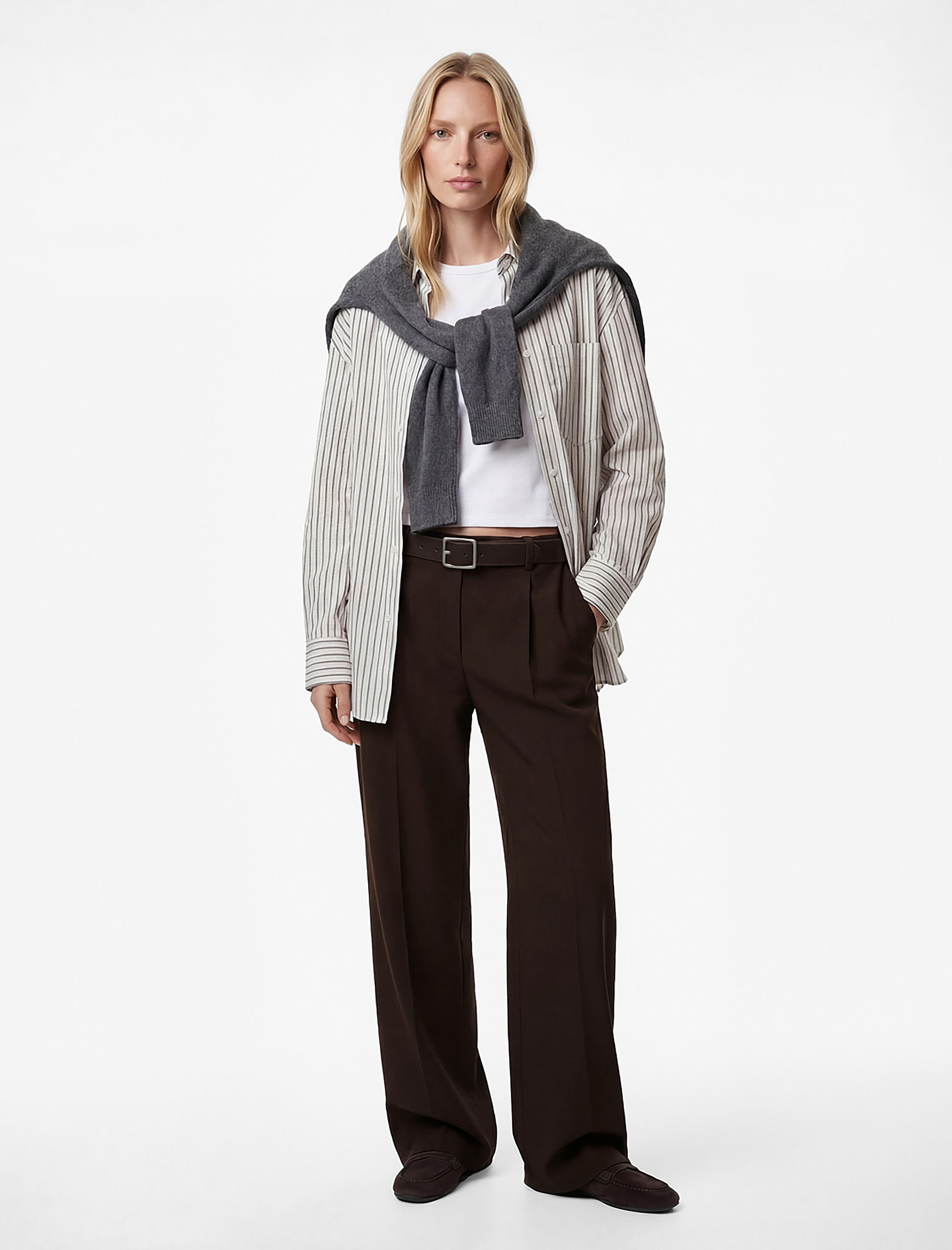   Pile Detaylı Cepli Geniş Paça Kumaş Pantolon