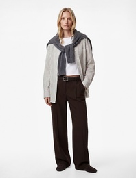 Pile Detaylı Cepli Geniş Paça Kumaş Pantolon