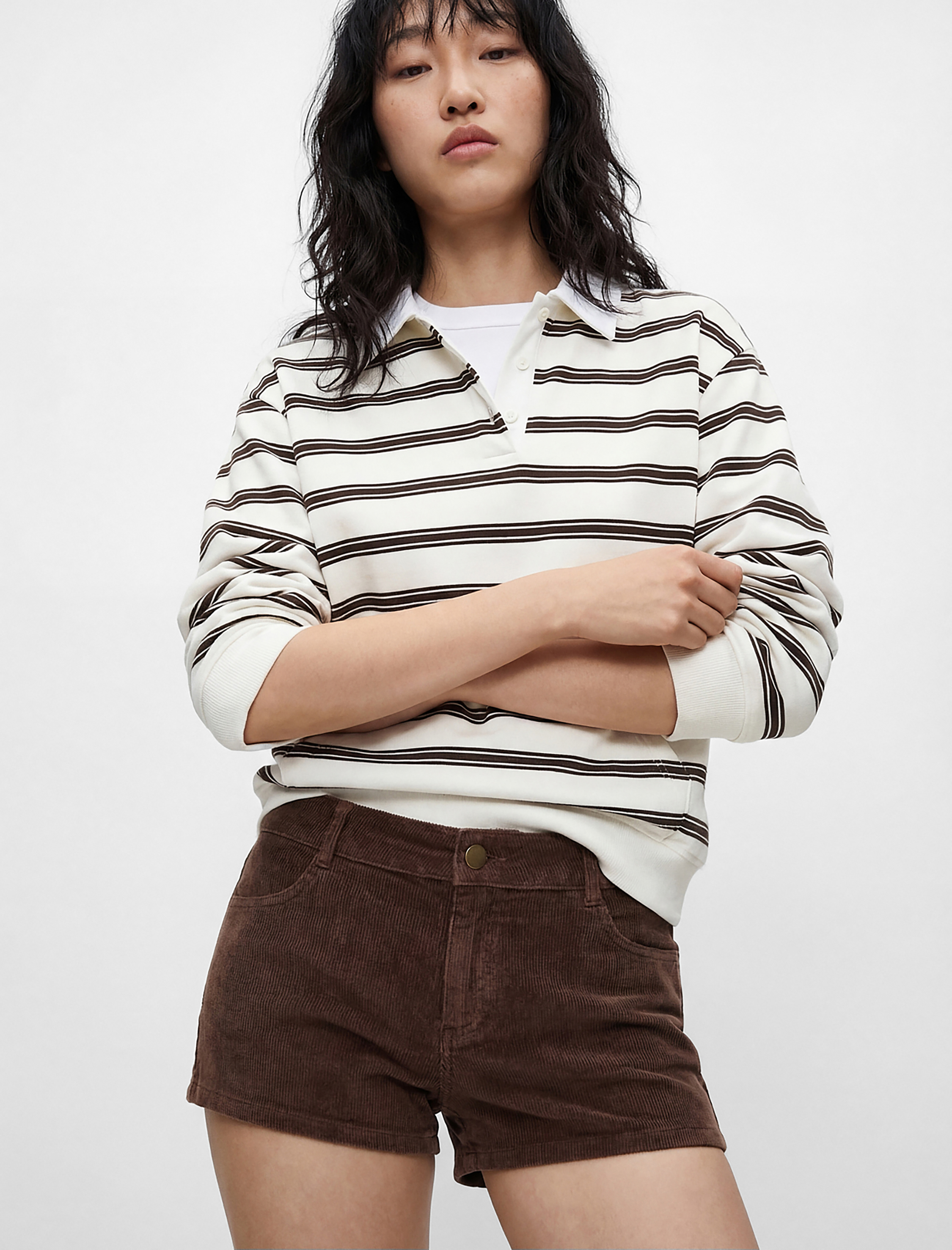   Cepli Çizgili Düğmeli Uzun Kollu Polo Yaka Rahat Kalıp Sweatshirt