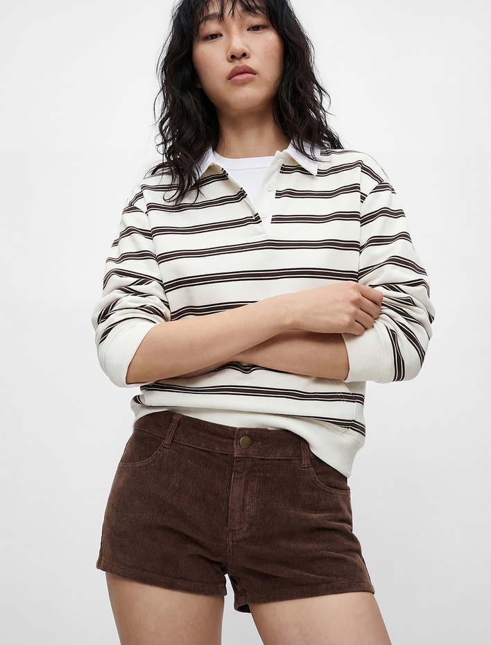  Cepli Çizgili Düğmeli Uzun Kollu Polo Yaka Rahat Kalıp Sweatshirt