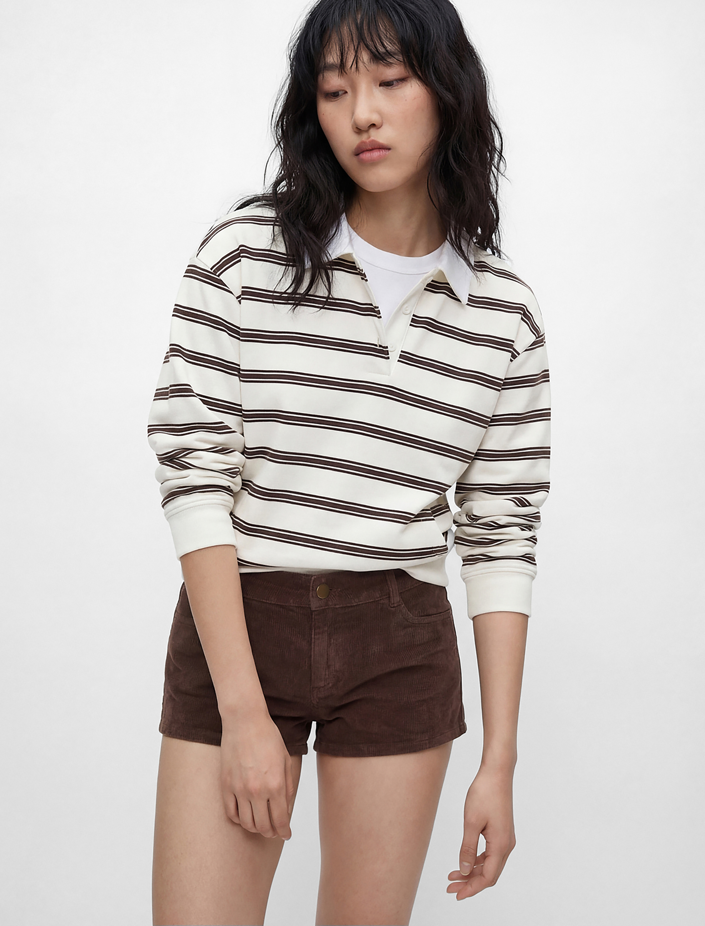   Cepli Çizgili Düğmeli Uzun Kollu Polo Yaka Rahat Kalıp Sweatshirt