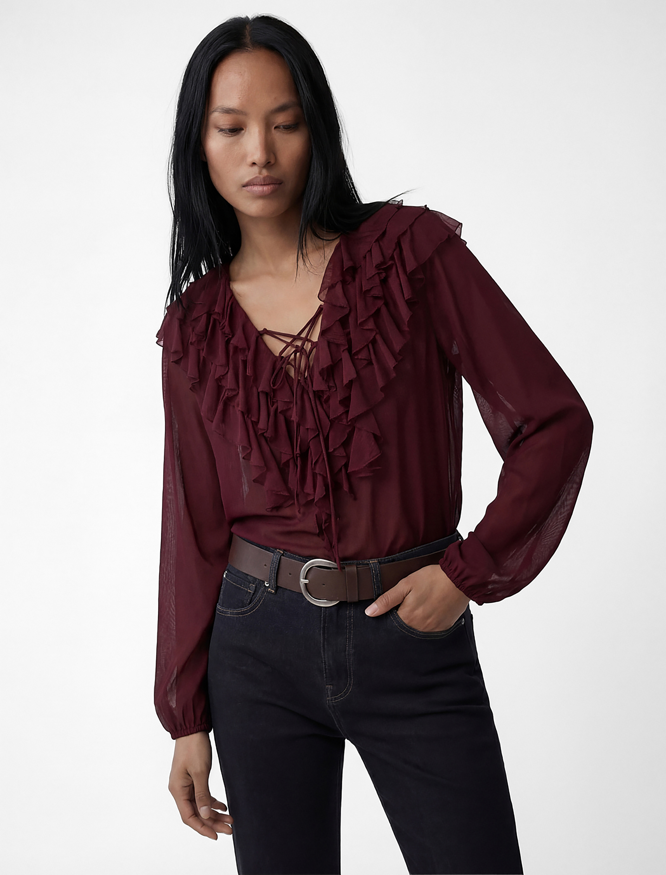   Uzun Kollu V Yaka Fırfırlı Şifon Bluz